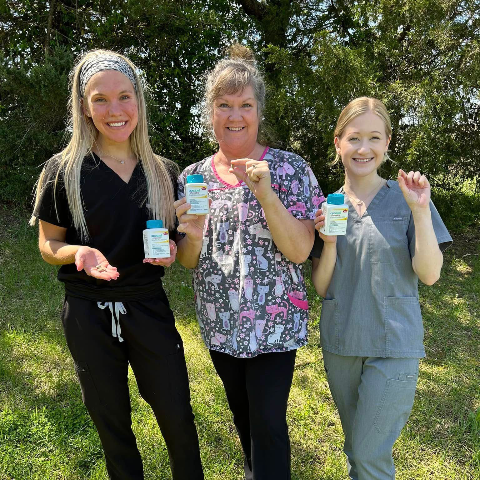 three female veterinary team members standing out side and promoting medicine for pets